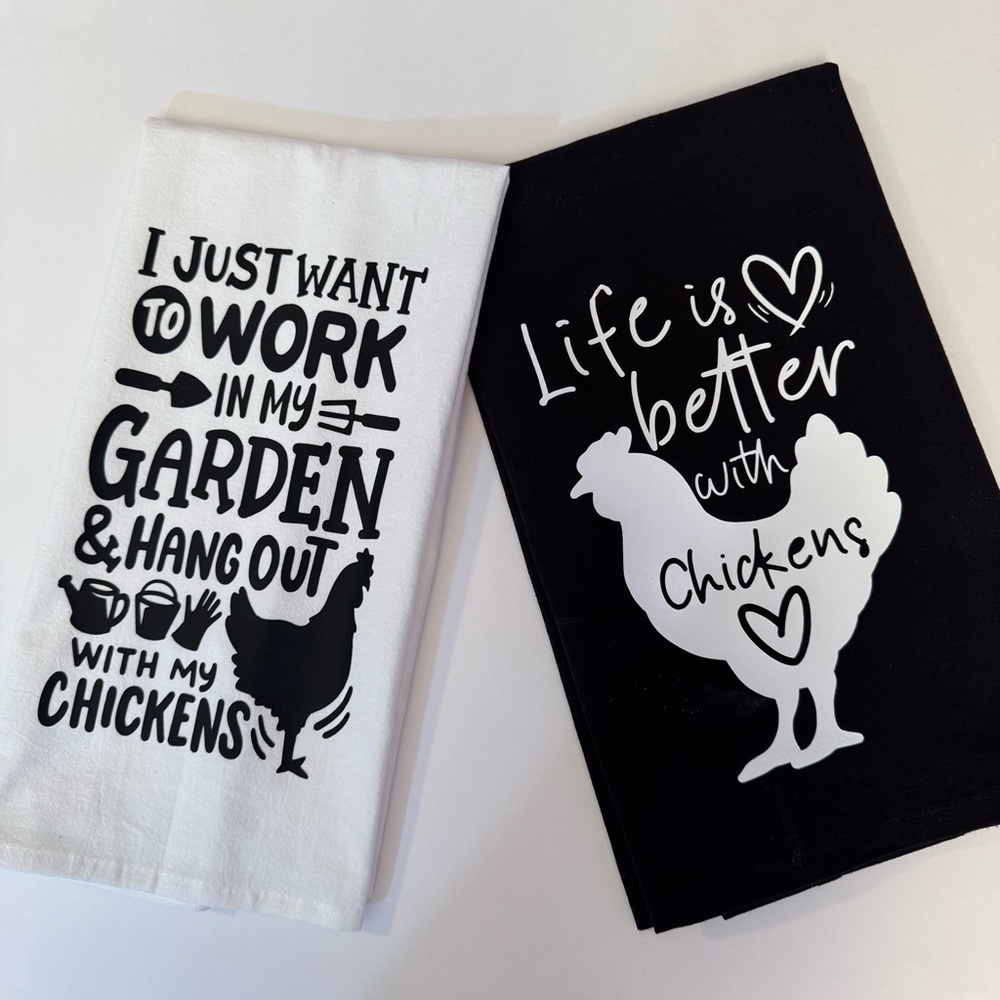 NEW Chickens Themed Black and White Kitchen Towels - Set of two (2)